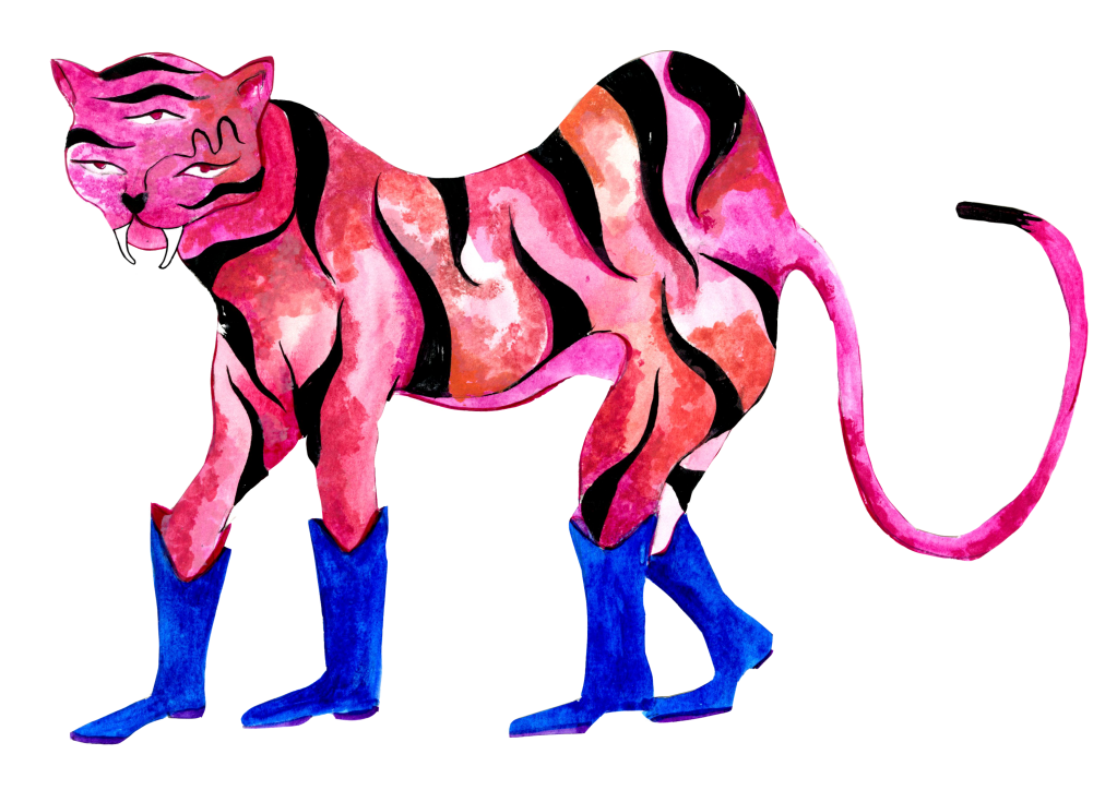 A whimsical illustration of a pink and orange tiger wearing blue boots, depicted in a watercolor style.
